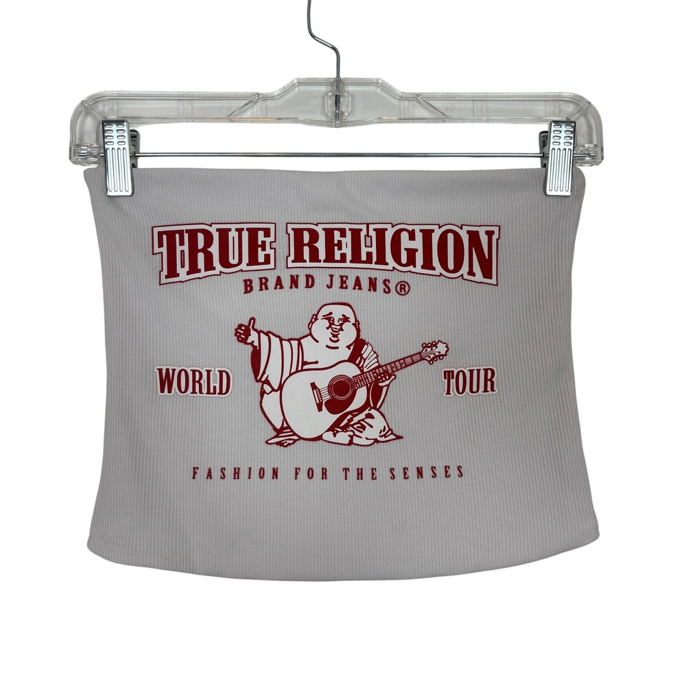 True Religion Heritage Tube Top Womens S White Buddha World Tour Y2K Ribbed